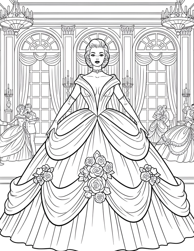 May include: Black and white line art illustration of a woman in a ball gown, standing in a ballroom. The dress features floral accents and a layered skirt. Other figures are dancing in the background.