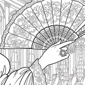 May include: Black and white illustration of a hand holding a decorative fan with a floral design. The fan is lace-edged. A ring with a large stone adorns the finger. The background shows a ballroom scene with people dancing.