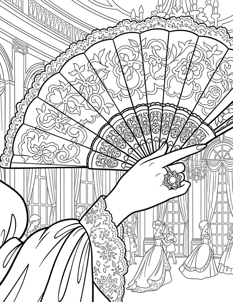 May include: Black and white illustration of a hand holding a decorative fan with a floral design. The fan is lace-edged. A ring with a large stone adorns the finger. The background shows a ballroom scene with people dancing.