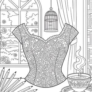 May include: Detailed black and white illustration of a corset, teacup, and pencils, perfect for coloring. The corset features intricate floral lace patterns. A teacup with steam sits on a decorative saucer. Pencils are arranged in the lower left corner.