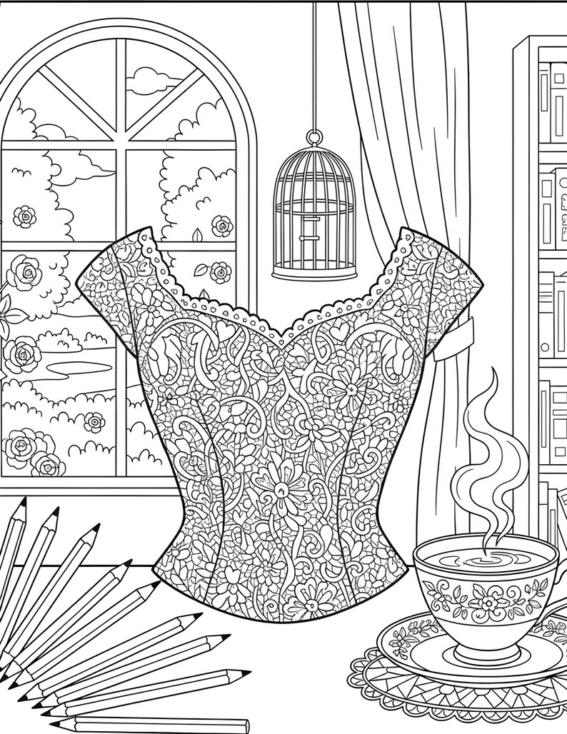 May include: Detailed black and white illustration of a corset, teacup, and pencils, perfect for coloring. The corset features intricate floral lace patterns. A teacup with steam sits on a decorative saucer. Pencils are arranged in the lower left corner.