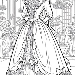 May include: An illustration of a formal gown with a full skirt, bows, and lace trim. The dress has long sleeves and a high neckline with a ruffled collar. The background shows a ballroom scene with couples dancing and chandeliers.