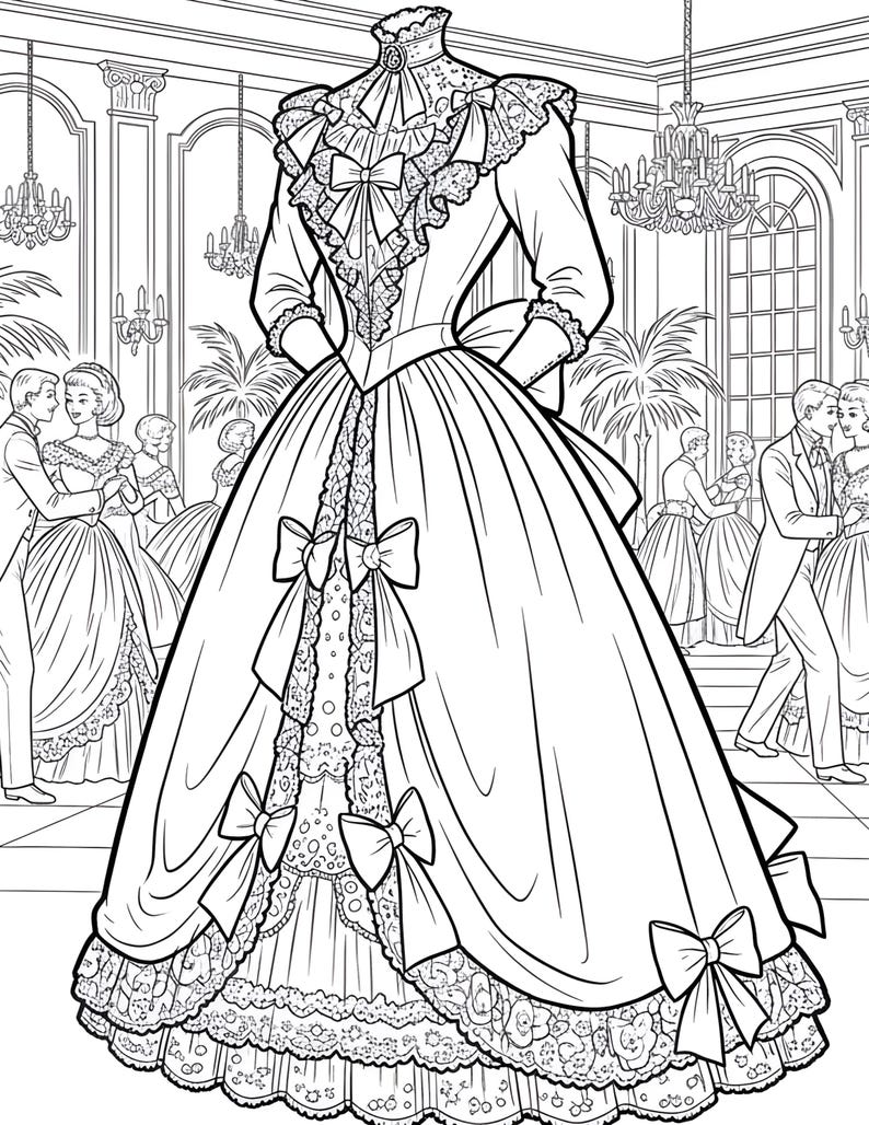 May include: An illustration of a formal gown with a full skirt, bows, and lace trim. The dress has long sleeves and a high neckline with a ruffled collar. The background shows a ballroom scene with couples dancing and chandeliers.