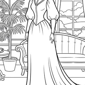 May include: Line art illustration of a headless dress form wearing a long gown with puffed sleeves. The dress form is in a room with a window, a potted plant, and a sofa. The gown has a high collar and a fitted bodice.