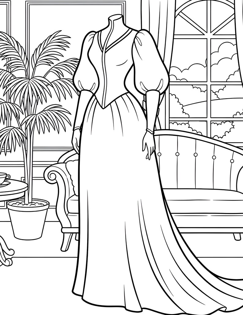 May include: Line art illustration of a headless dress form wearing a long gown with puffed sleeves. The dress form is in a room with a window, a potted plant, and a sofa. The gown has a high collar and a fitted bodice.