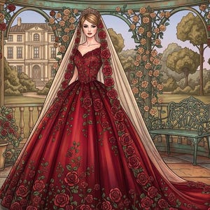 May include: Illustration of a woman in a red gown adorned with rose patterns, a tiara, and a long veil. The text "ENCHANTED GOWNS: Vol. 2" is at the top. The background features a garden with a gazebo, a bench, and a large building.