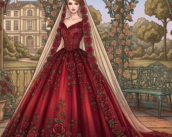 Enchanted Gowns Coloring Book for Adults, 53 Princess Dresses Fashion Illustrations, Victorian Ball Gowns Printable PDF