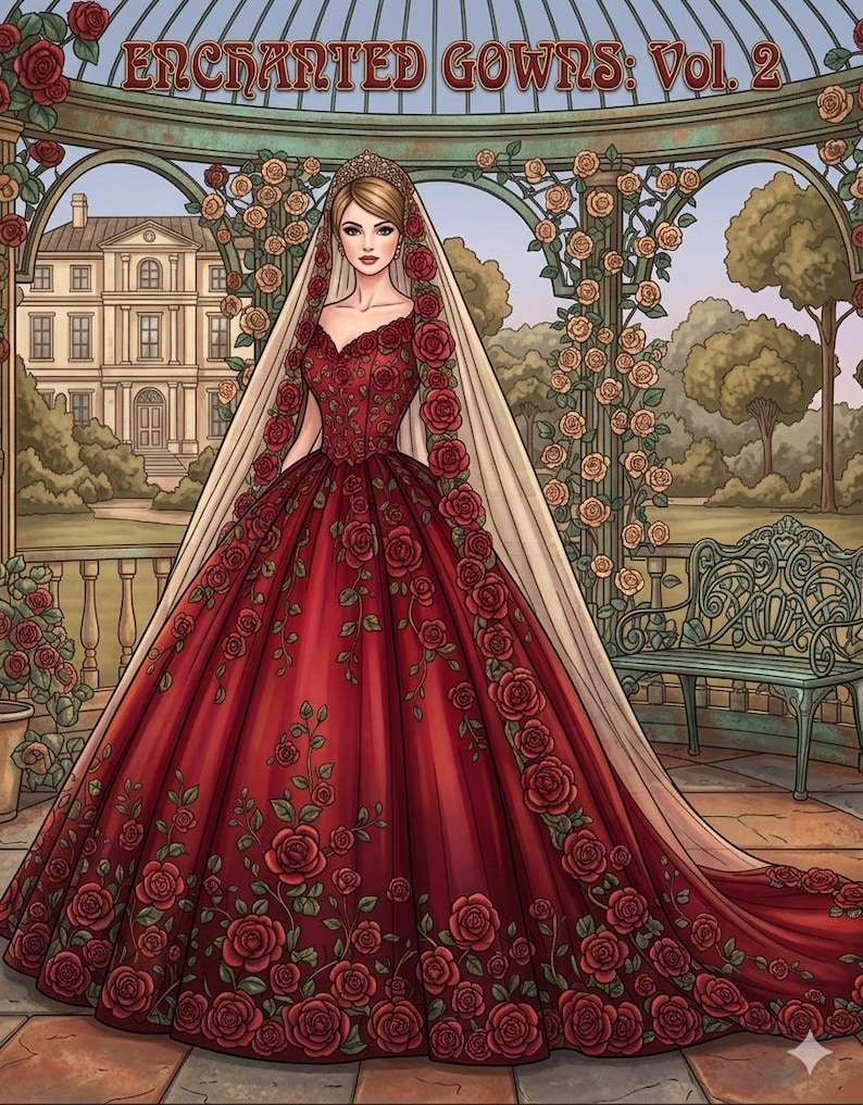 May include: Illustration of a woman in a red gown adorned with rose patterns, a tiara, and a long veil. The text "ENCHANTED GOWNS: Vol. 2" is at the top. The background features a garden with a gazebo, a bench, and a large building.