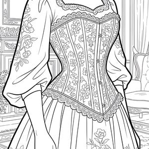 May include: Line art illustration of a vintage corset dress. The dress features a detailed floral pattern on the bodice and skirt, with lace trim along the neckline and edges. The sleeves are long and adorned with floral designs.