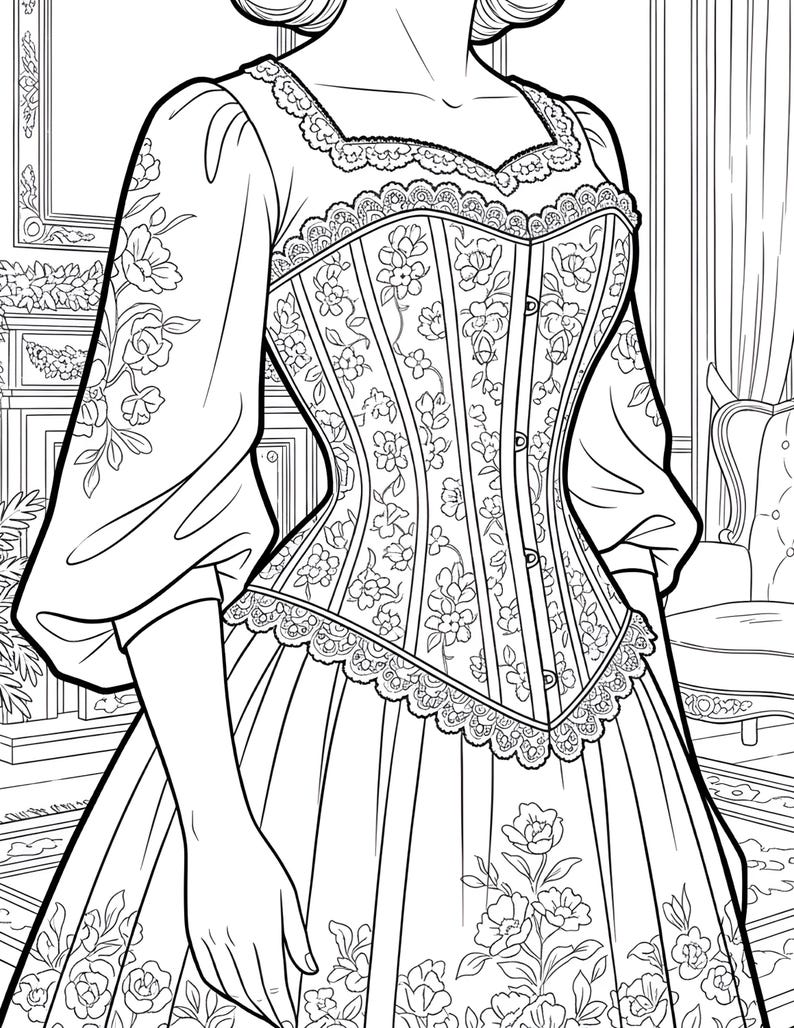 May include: Line art illustration of a vintage corset dress. The dress features a detailed floral pattern on the bodice and skirt, with lace trim along the neckline and edges. The sleeves are long and adorned with floral designs.