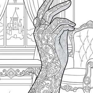 May include: Detailed line art illustration of a hand adorned with intricate floral lace patterns, wearing a ring with a large oval gemstone. The background features a castle scene visible through a window, and a decorative chair.