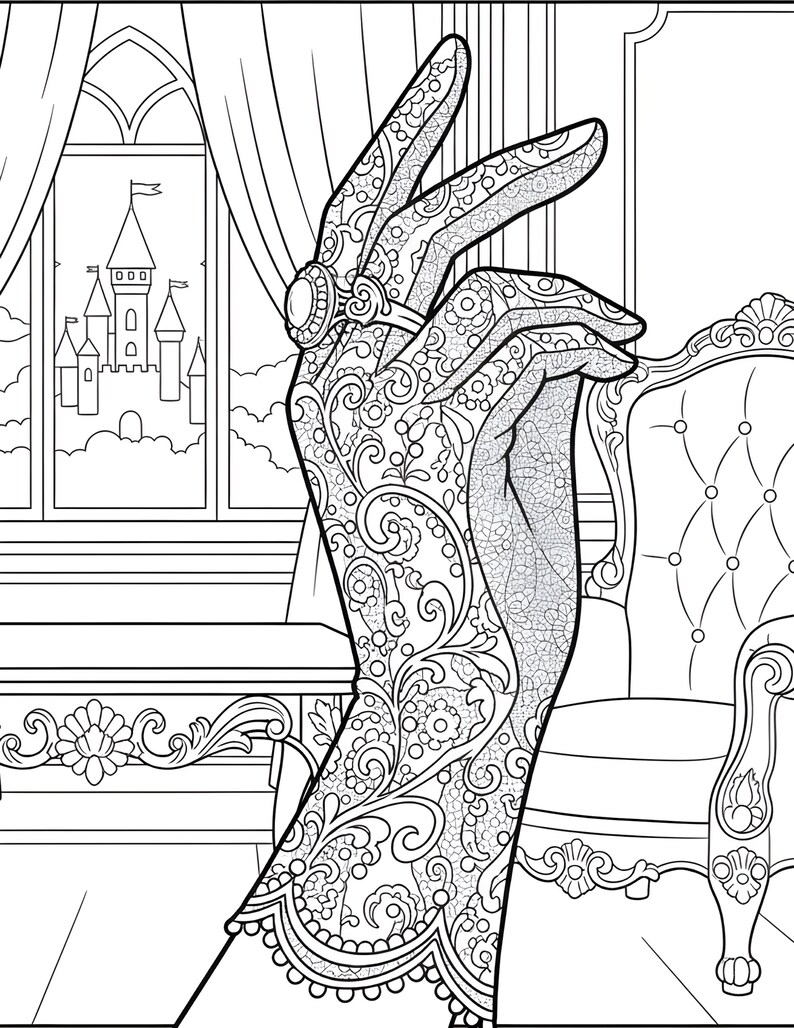 May include: Detailed line art illustration of a hand adorned with intricate floral lace patterns, wearing a ring with a large oval gemstone. The background features a castle scene visible through a window, and a decorative chair.