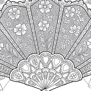 May include: Black and white illustration of a decorative fan with floral and shield designs. The fan features intricate patterns and a detailed handle. The fan's design includes flowers, leaves, and shield-shaped elements.