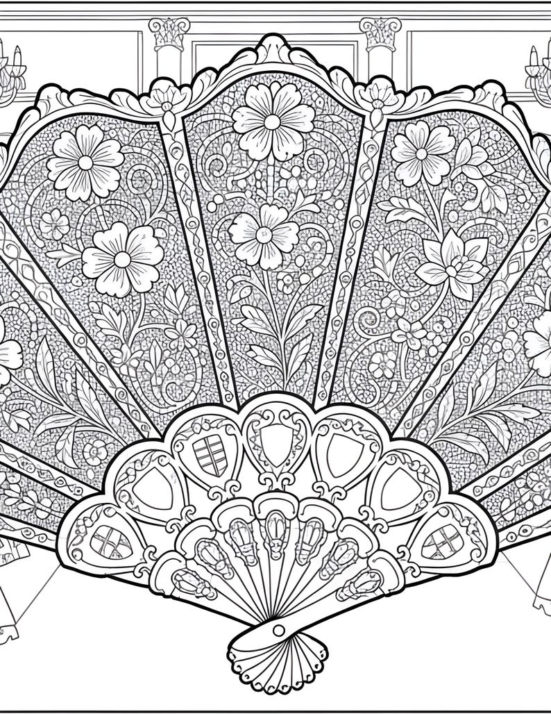 May include: Black and white illustration of a decorative fan with floral and shield designs. The fan features intricate patterns and a detailed handle. The fan's design includes flowers, leaves, and shield-shaped elements.