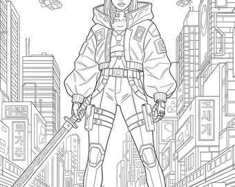 Urban Idol Fantasy Coloring Book PDF, Shadow Hunter Coloring Pages for Adults, Bold and Easy Cyberpunk Anime Manga Digital Download A4