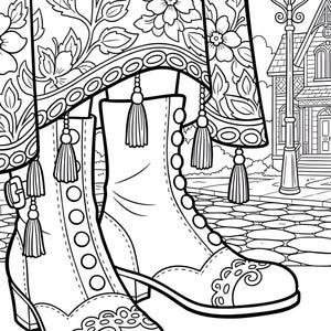 May include: Black and white line art illustration of ankle boots with decorative floral patterns and tassels. The boots have a heel and are adorned with circular accents. The image also features a floral patterned fabric and a Victorian-style building.