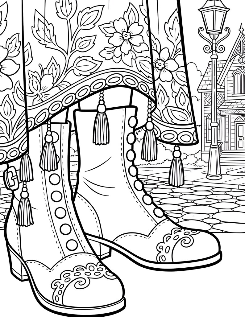 May include: Black and white line art illustration of ankle boots with decorative floral patterns and tassels. The boots have a heel and are adorned with circular accents. The image also features a floral patterned fabric and a Victorian-style building.