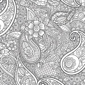 May include: Black and white paisley pattern with floral and leaf elements. The design features intricate details, including teardrop shapes, flowers, and swirling patterns. This image is suitable for coloring books, fabric design, or digital art.