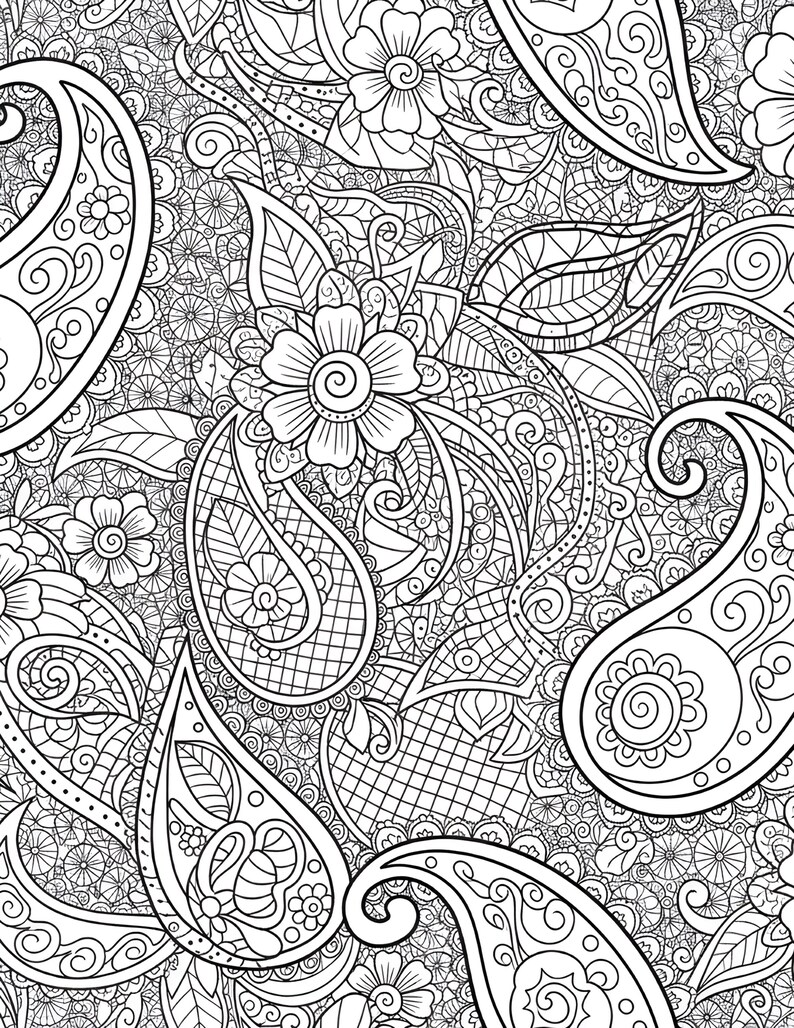 May include: Black and white paisley pattern with floral and leaf elements. The design features intricate details, including teardrop shapes, flowers, and swirling patterns. This image is suitable for coloring books, fabric design, or digital art.