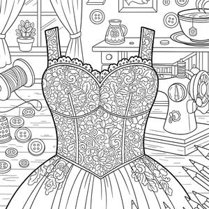 May include: Detailed black and white illustration of a dress with a floral pattern, a sewing machine, and various sewing notions. The image includes pencils, buttons, and a teacup, suggesting a crafting theme.
