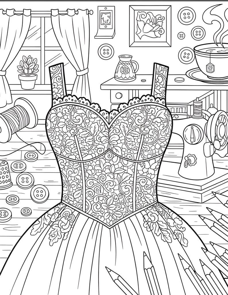 May include: Detailed black and white illustration of a dress with a floral pattern, a sewing machine, and various sewing notions. The image includes pencils, buttons, and a teacup, suggesting a crafting theme.