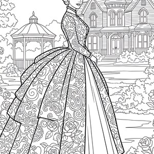 May include: Black and white line art of a woman in a Victorian-era dress, standing in a garden with a gazebo and a large house in the background. The dress features a floral and paisley pattern.