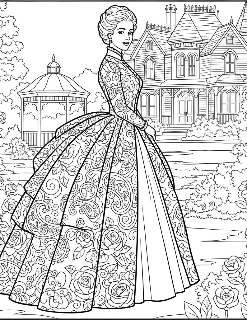 May include: Black and white line art of a woman in a Victorian-era dress, standing in a garden with a gazebo and a large house in the background. The dress features a floral and paisley pattern.