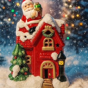 Light-Up Christmas House: Handmade Ceramic Santa Decoration with LED
