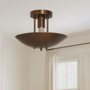 Mid Century Antique Brass Ceiling Light Patina Finish Flush Mount Retro Modern Fixture Vintage Interior Lighting Decor