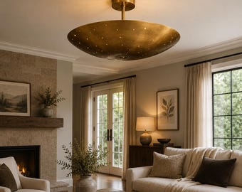 Mid Century Brass Flush Mount Ceiling Light, Perforated Bowl Fixture, Vintage Modern Lighting Decor