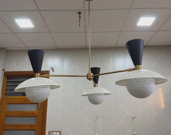 Mid Century Modern 3 Arm Brass Black Chandelier, Vintage Ceiling Pendant Light Decor