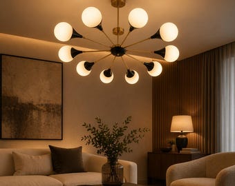 Handmade Brass Sputnik Chandelier Mid Century Modern Lighting Fixture Italian Style Ceiling Lamp Vintage Atomic Starburst Decor