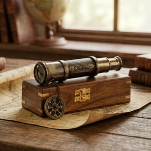 May include: A vintage brass telescope with a leather grip, resting on a wooden box with a compass charm. The box has a brass clasp and is placed on a map. The telescope has the text "DOLLOND LONDON".
