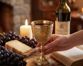 Handgemaakte metalen kelk met gegraveerd druivenmotief, geschikt als heilig communievat voor kerkelijke ceremonies, inclusief fluwelen geschenkdoos als aandenken.