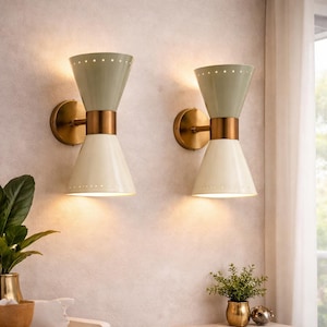 Double Cone Brass Wall Sconce Mid Century Modern Lighting Perforated Shade Lamp Custom Size Fixture Vintage Style Pair Decor
