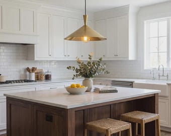 Modern Brass Cone Pendant Light – Minimalist Kitchen Island Hanging Fixture, Mid Century Ceiling Lamp for Dining & Living Room Decor