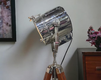 Handmade Nautical Tripod Floor Lamp, Chrome & Wood Industrial Spotlight Decor