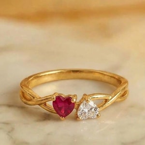 Double Heart Ring 14k Gold Ruby and Lab Grown Diamond Heart Promise Ring, Two Stone Ring for Her Twisted Band Stacking Ring, Couples Jewelry