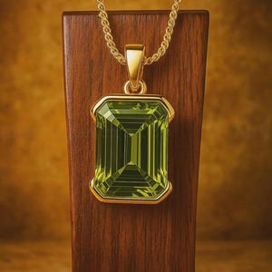 14k Gold Peridot Pendant Necklace Emerald Cut Green Gemstone Jewelry, Rectangular Olive Crystal Charm Art Deco Minimalist Gift for Her