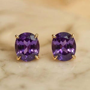 Oval Amethyst Earrings Gold, Dark Purple Gemstone Studs, Dainty Minimalist Jewelry, Oval  Amethyst Solitaire Earrings, Anniversary Gift