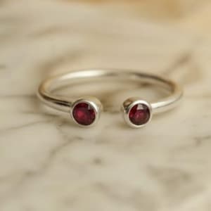 Dainty Ruby Open Wrap Ring in Sterling Silver - Minimalist Red Gemstone Bypass Ring - July Birthstone Jewelry - Stackable Toi et Moi Ring