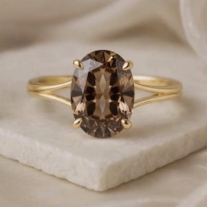 Vintage rookkwarts ring ovaal geslepen bruine edelsteen ring geel goud gespleten schacht band boho solitaire ring art deco belofte ring voor haar