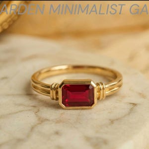 Emerald Cut Ruby Ring 14k Yellow Gold Bezel Red Gemstone Ring, East West Rectangular Ring, Vintage Minimalist Stacking Ring, July Birthstone
