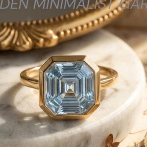 Vintage Asscher Cut Aquamarin Ring, Lünette Set Solitär Verlobungsring, Einzigartiger März Schmuck, ein von einer Art Lünette Ring