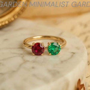 Toi et Moi Ring, 14k Gold Two Stone Ring, Ruby and Emerald Engagement Ring, Double Stone Birthstone Ring, Minimalist Jewelry Gift for Her