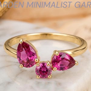 Minimalist Pink Tourmaline Cluster Engagement 14k Gold Open Cuff Pear Garnet Wedding Unique Butterfly Gemstone Ring Vintage Promise Gift her