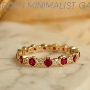 Bezel Ruby Eternity Ring, 14k Gold Ruby Moissanite Band, July Birthstone Stacking Ring, Alternating Gemstone Wedding Band, Gift for Her