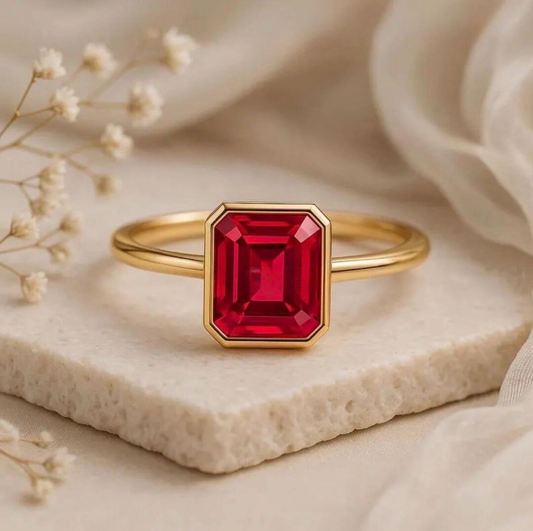 14k Gold Bezel Set Ruby Ring: Emerald Cut Solitaire - Etsy