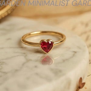 Heart Ruby Ring in 14k Gold, Minimalist Red Gemstone Stacking Ring, Dainty Bezel Set Heart Jewelry, Promise Ring for Her, London Jewellers