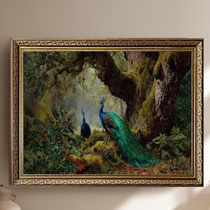 Peacocks in Enchanted Forest Canvas Wall Art – Majestic Bird Wildlife Painting – Lush Nature Scene Print for Elegant Home Decor